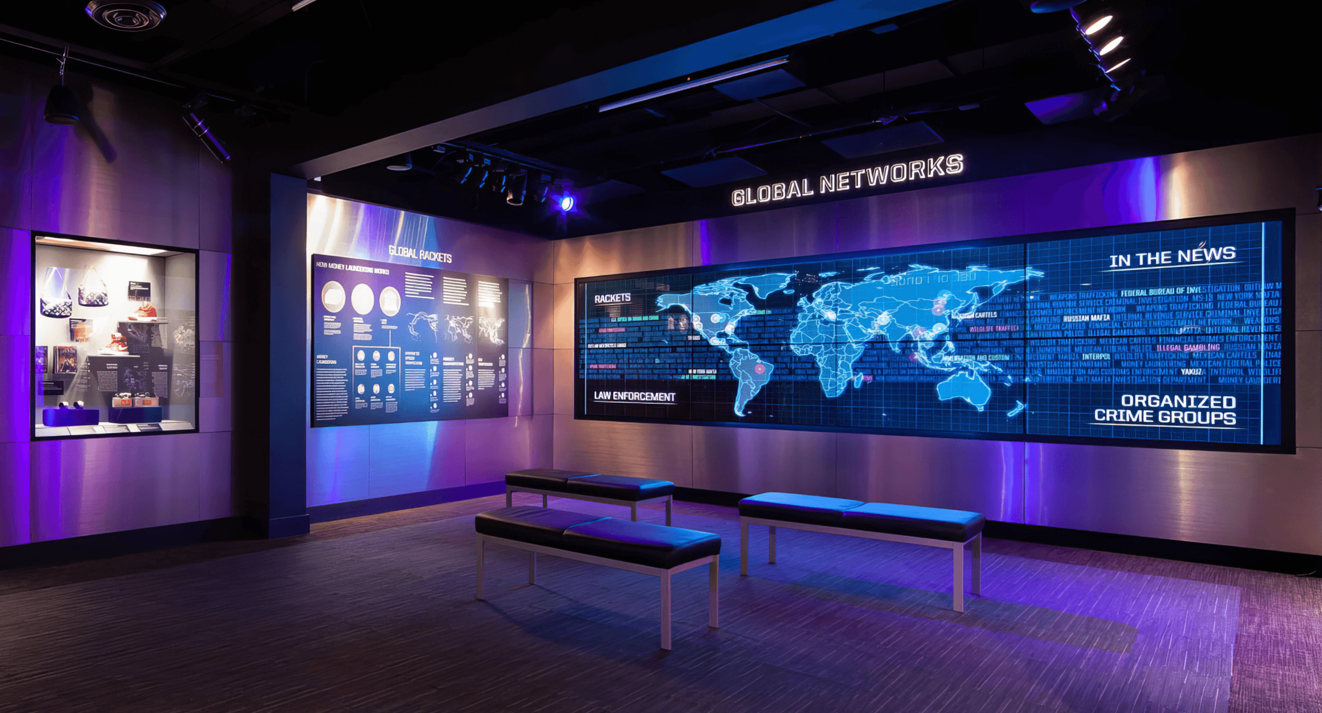 A large-scale immersive environment — coordinated projection, display, and lighting filling a gallery space as visitors explore.